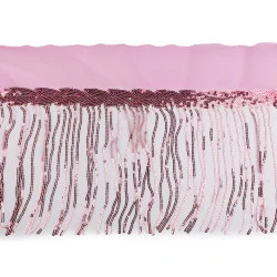 Banda / galon organza cu franjuri din paiete, latime 20 cm - Roz pudrat (1 Metru)