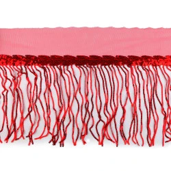 Banda / galon organza cu franjuri din paiete, latime 20 cm - Roșu (1 Metru)