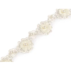 Dantelă guipure flori 3d cu perlă, lățime 30 mm - Crem deschis (1 Metru)