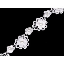 Dantelă guipure flori 3d cu perlă, lățime 30 mm - Off white (1 Metru)
