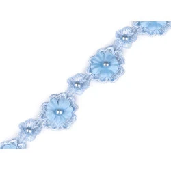 Dantelă guipure flori 3d cu perlă, lățime 30 mm - Bleu nu-mă-uita (1 Metru)