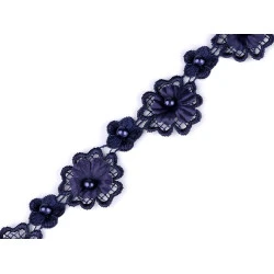 Dantelă guipure flori 3d cu perlă, lățime 30 mm - Albastru închis (1 Metru)