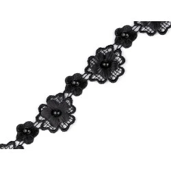 Dantelă guipure flori 3d cu perlă, lățime 30 mm - Negru (1 Metru)