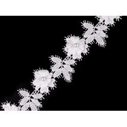 Dantelă guipure flori 3d cu perlă, lățime 42 mm - Off white (1 Metru)