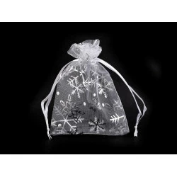 Săculeț organza cu fulgi de nea, 9x12 cm - Alb (10 Bucăți)
