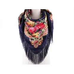 Batic / eşarfă satinată cu motiv floral, 105x105 cm - Albastru închis (1 Bucată)