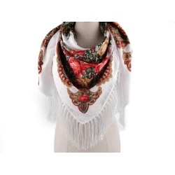 Batic / eşarfă satinată cu motiv floral, 105x105 cm - Alb (1 Bucată)