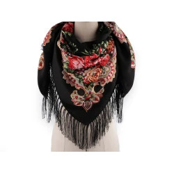 Batic / eşarfă satinată cu motiv floral, 105x105 cm - Negru (1 Bucată)