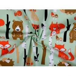 Bumbac imprimat, motiv vulpi - Verde mentă (1 Metru)
