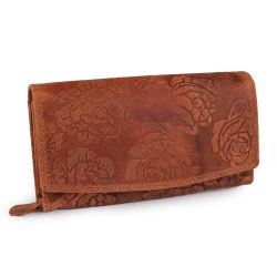 Portofel de dama din piele cu flori - Maro coniac (1 Bucată)