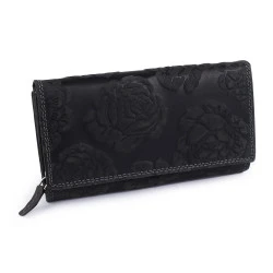 Portofel de dama din piele cu flori - Negru (1 Bucată)
