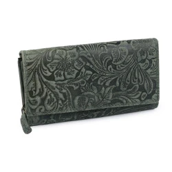 Portofel de dama din piele cu flori - Verde sapin (1 Bucată)