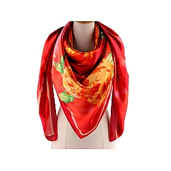 Esarfa mare din satin cu flori 130x135 cm - Roșu deschis (1 Bucată)