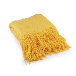 Pătură tricotată / pled cu franjuri 130x155 cm - Galben muștar (1 Bucată)