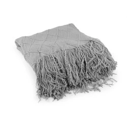 Pătură tricotată / pled cu franjuri 130x155 cm - Gri deschis (1 Bucată)
