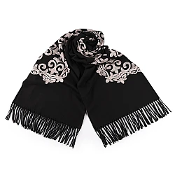 Esarfa / șal de lana cu franjuri, broderie 70x185 cm - Negru (1 Bucată)