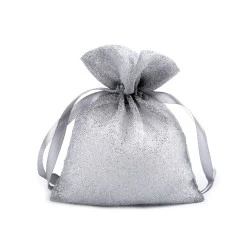 Saculet cadou organza cu sclipici, 10x13 cm - Argintiu (10 Bucăți)