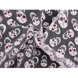 Organza halloween / cranii cu sclipici - Alb (1 Metru)