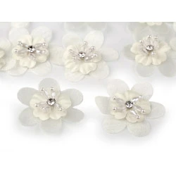 Floare cu piatricica si margele pentru cusut si lipit ø4,5 cm - Crem deschis (10 Bucăți)