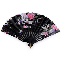 Evantai din material textil flori - Negru (1 Bucată)