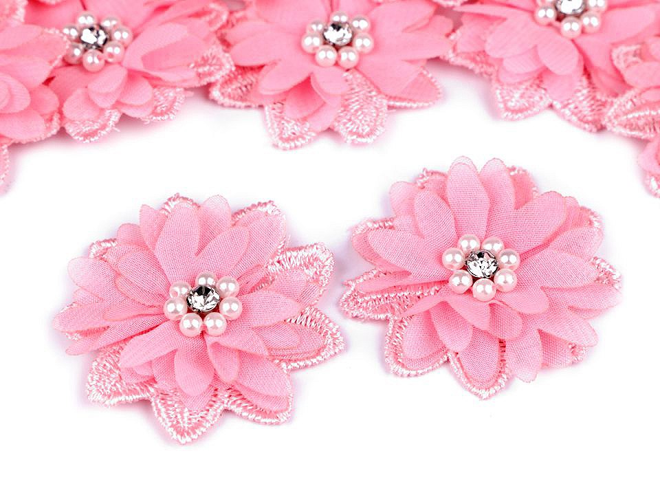 Flori textile cu perle, Ø50 mm, roz, 10 buc.