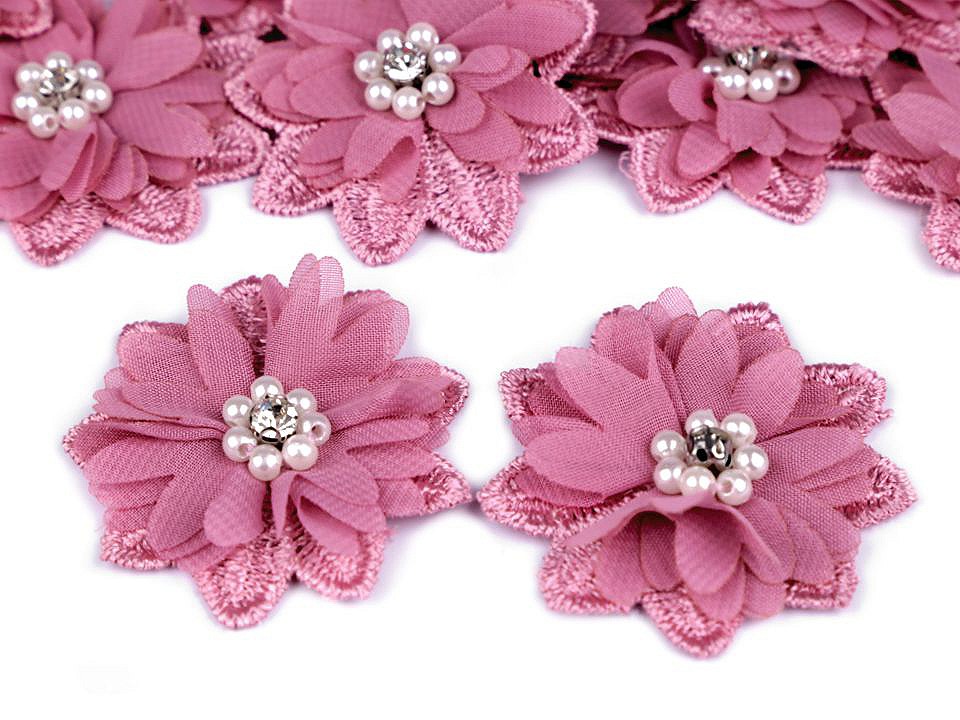 Flori textile cu perle, Ø50 mm, roz vintage, 10 buc.
