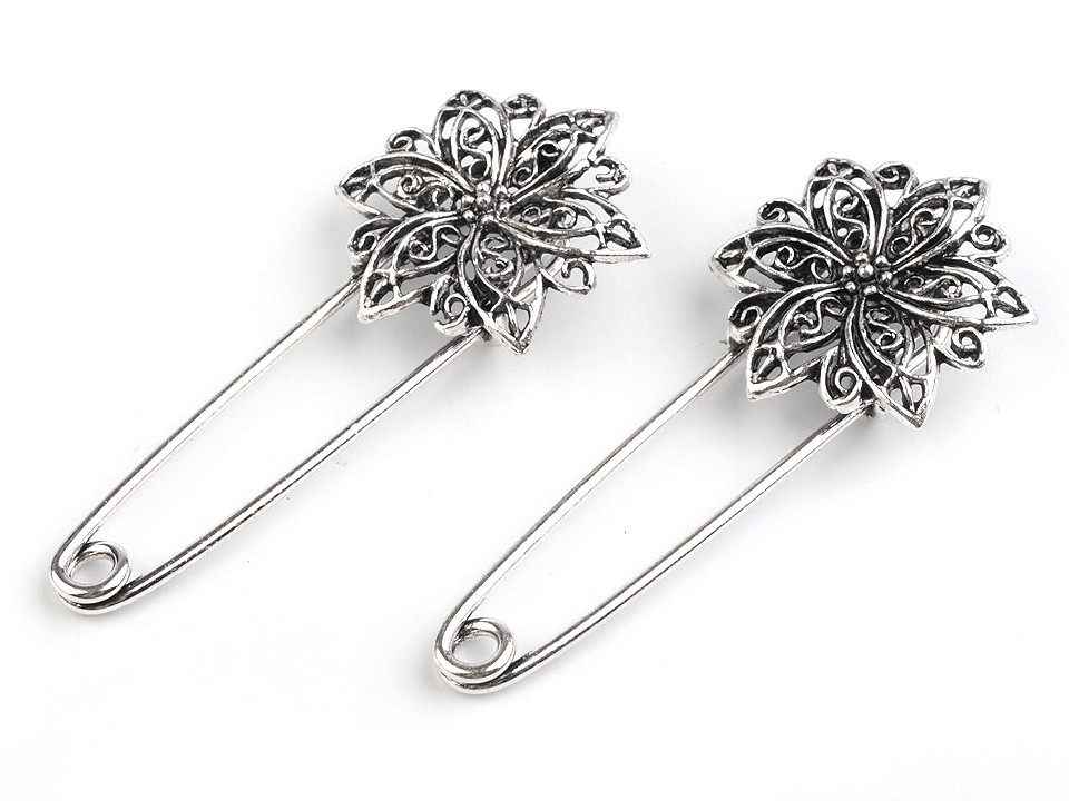 Broșă ac de siguranță cu floare filigran, 25x55 mm - Alamă antică (1 Bucată)
