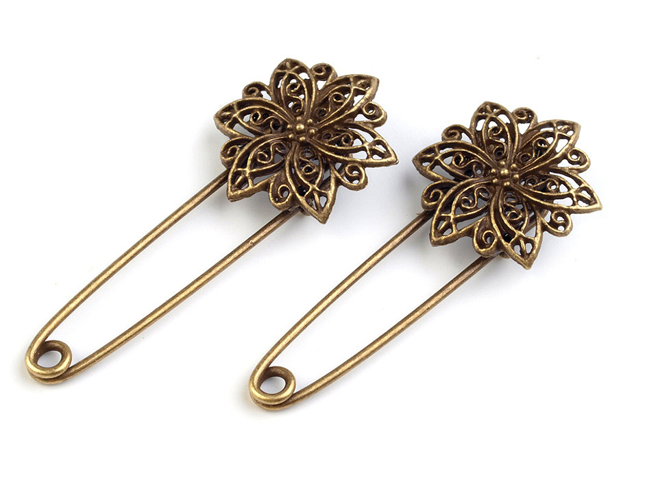 Broșă ac de siguranță cu floare filigran, 25x55 mm - Alamă antică (1 Bucată)