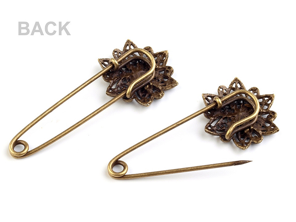 Broșă ac de siguranță cu floare filigran, 25x55 mm - Alamă antică (1 Bucată)