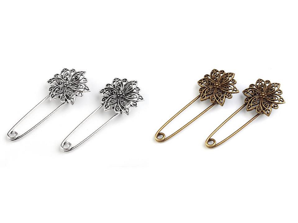 Broșă ac de siguranță cu floare filigran, 25x55 mm - Alamă antică (1 Bucată)