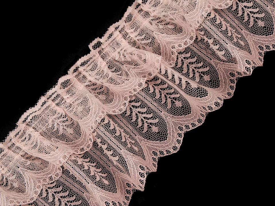 Dantelă sintetică plisată, lățime 85 mm - Roz antic deschis (1 Metru)
