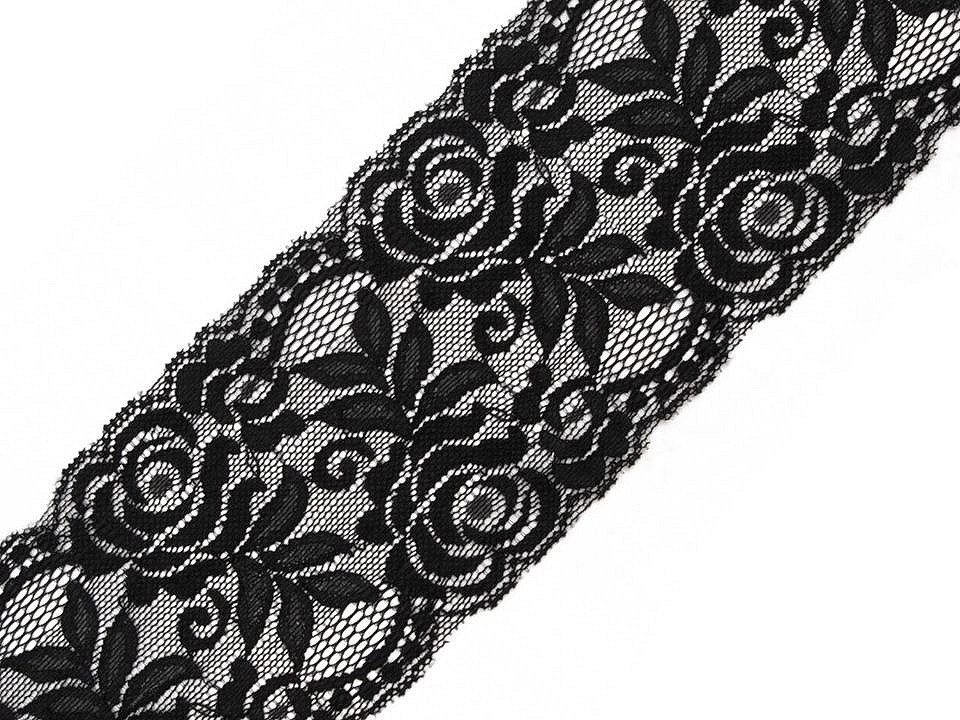 Dantelă elastică, lățime 80-100 mm - Negru (1 Metru)