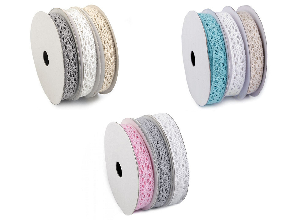 Dantelă bumbac croşetată, mix, lățime 13 mm - Mix nr. 8 (3 Bucăți)