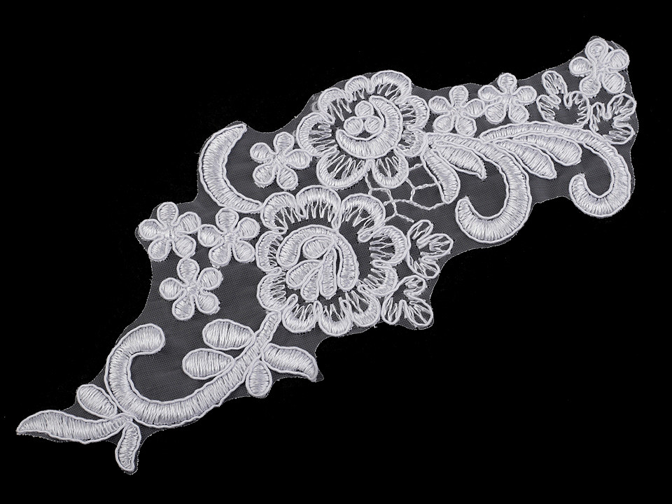 Aplicație din dantelă brodată pe organza, 8x20 cm - Alb zăpadă (2 Bucăți)