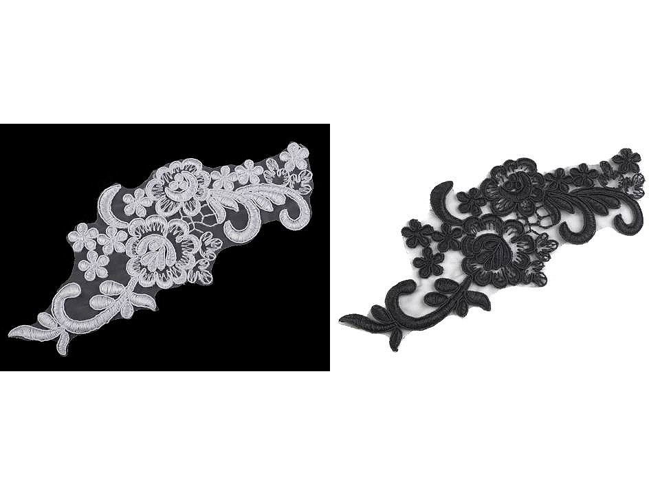 Aplicație din dantelă brodată pe organza, 8x20 cm - Alb zăpadă (2 Bucăți)