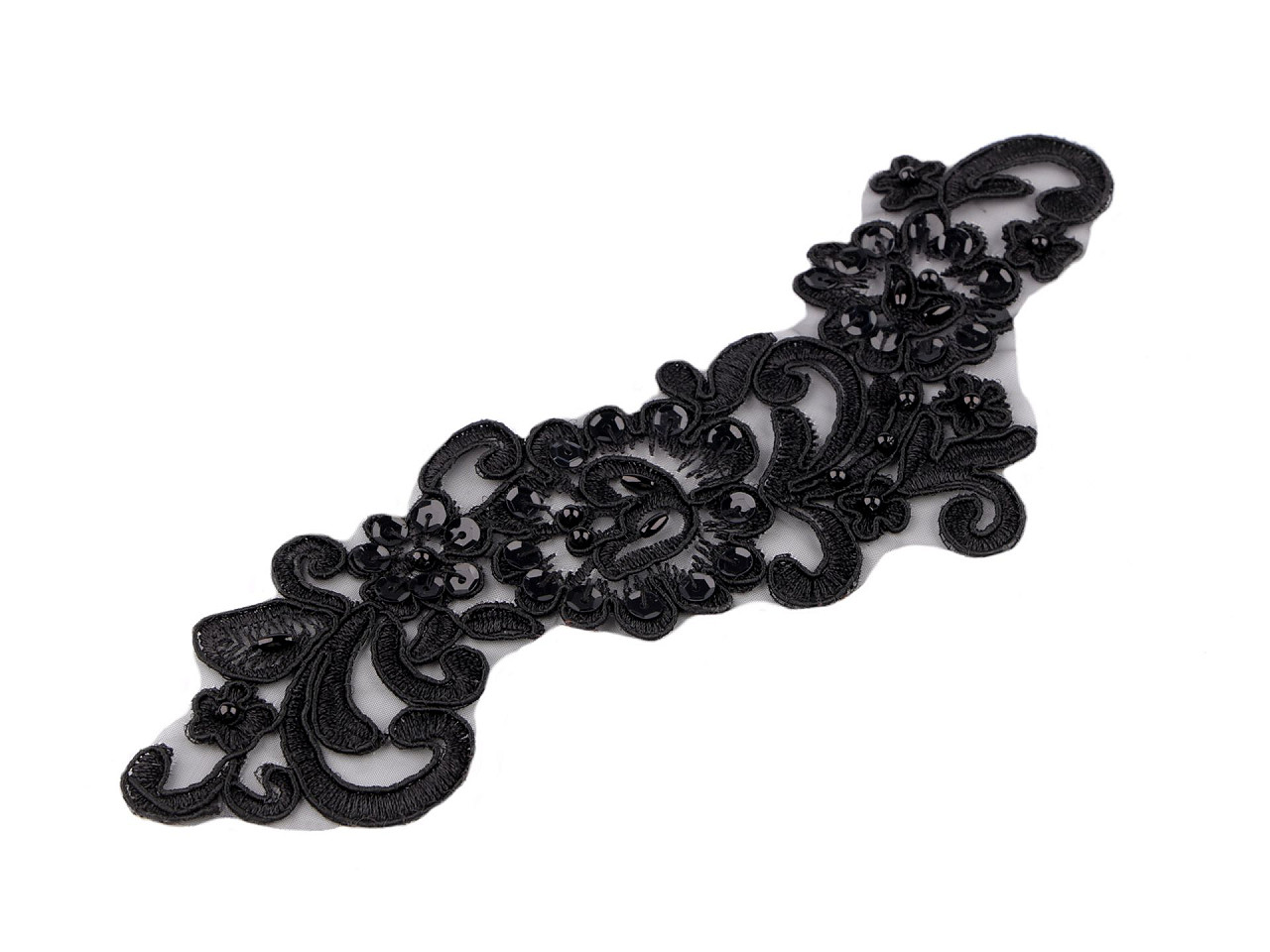 Aplicație brodată pe organza cu perle ți paiete, 11x26 cm - Negru (2 Bucăți)