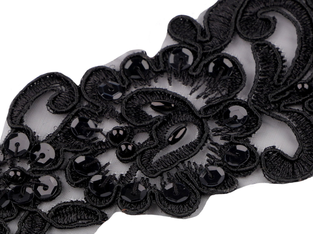 Aplicație brodată pe organza cu perle ți paiete, 11x26 cm - Negru (2 Bucăți)