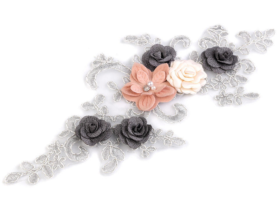 Aplicație brodată pe organza cu perle ți paiete, 11x26 cm - Negru (2 Bucăți)