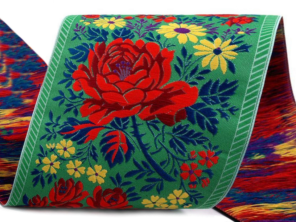 Bandă cu motive tradiționale, lățime 10 cm - Roșu (1 Metru)