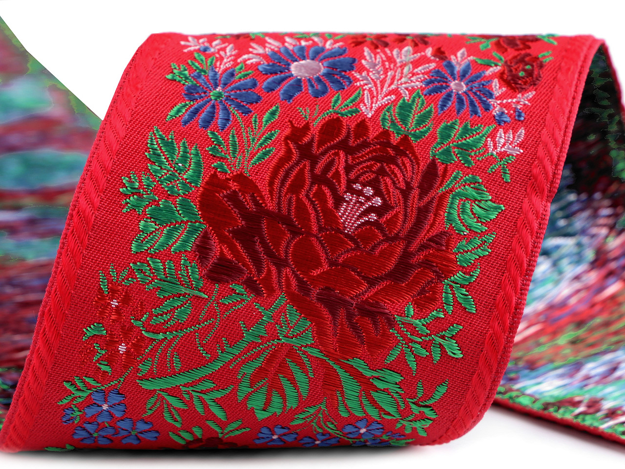 Bandă cu motive tradiționale, lățime 10 cm - Roșu (1 Metru)