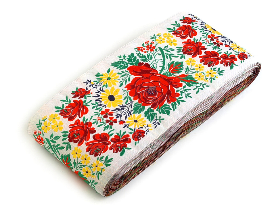 Bandă cu motive tradiționale, lățime 10 cm - Roșu (1 Metru)