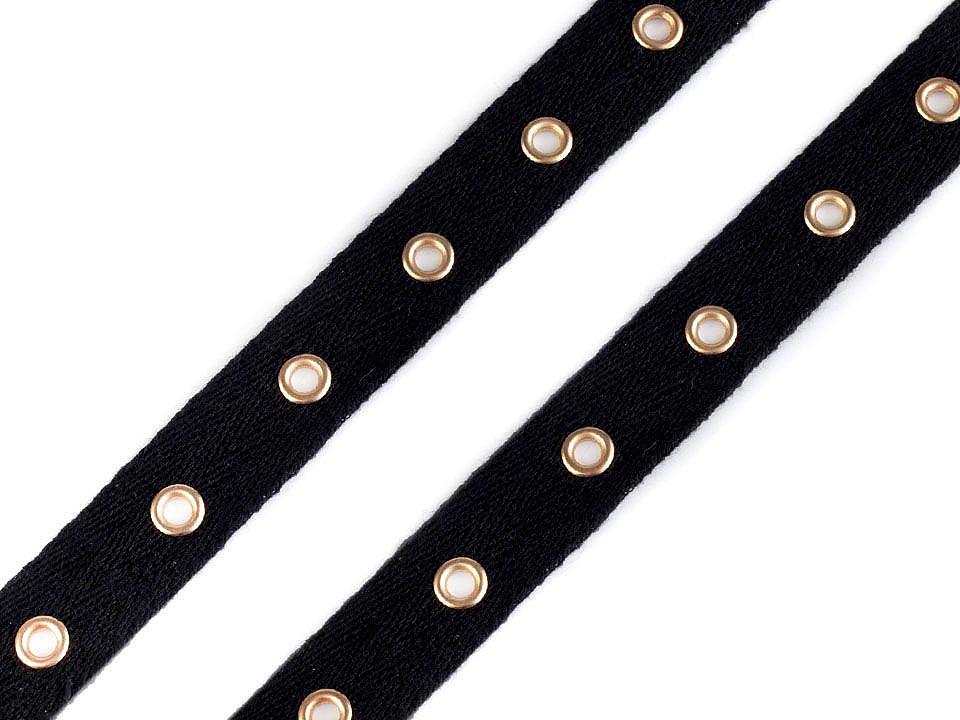Bandă bumbac cu ocheți metalici, lățime 20 mm - Negru (1 Metru) Bandă bumbac cu ocheți metalici, lățime 20 mm - Negru (1 Metru)