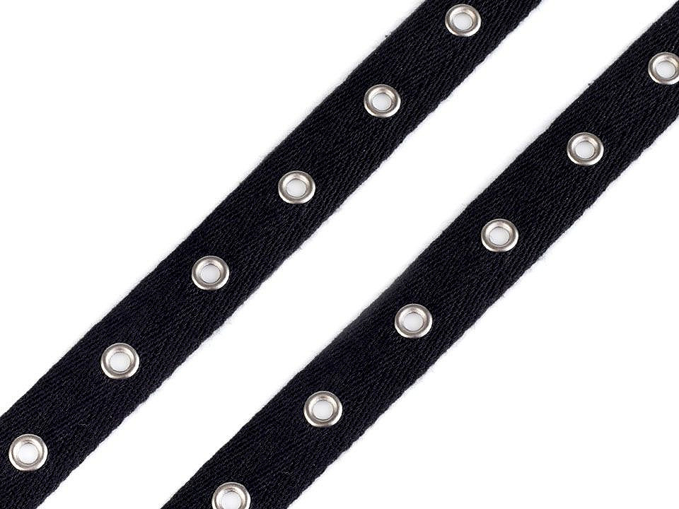 Bandă bumbac cu ocheți metalici, lățime 20 mm - Negru (1 Metru) Bandă bumbac cu ocheți metalici, lățime 20 mm - Negru (1 Metru)