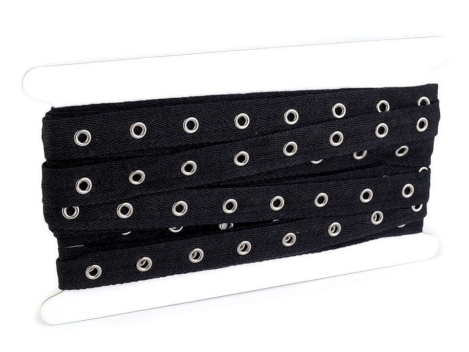 Bandă bumbac cu ocheți metalici, lățime 20 mm - Negru (1 Metru) Bandă bumbac cu ocheți metalici, lățime 20 mm - Negru (1 Metru)