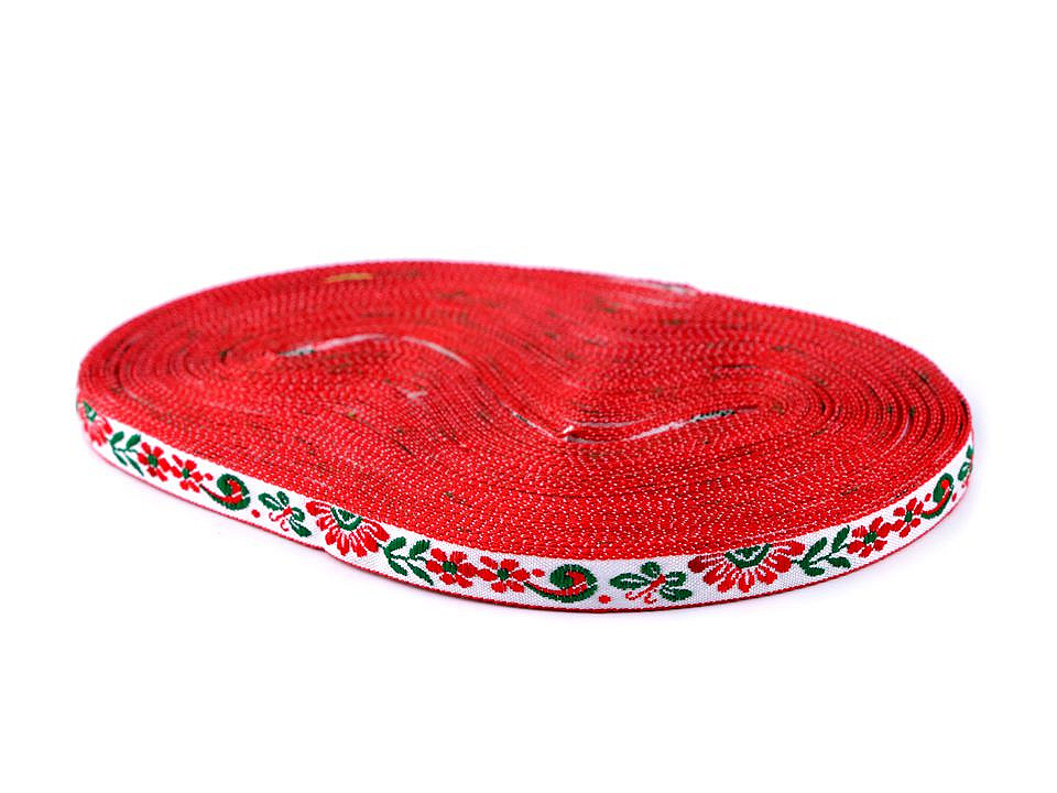 Bandă cu motive tradiționale, lățime 10 mm - Roșu (1 Metru)