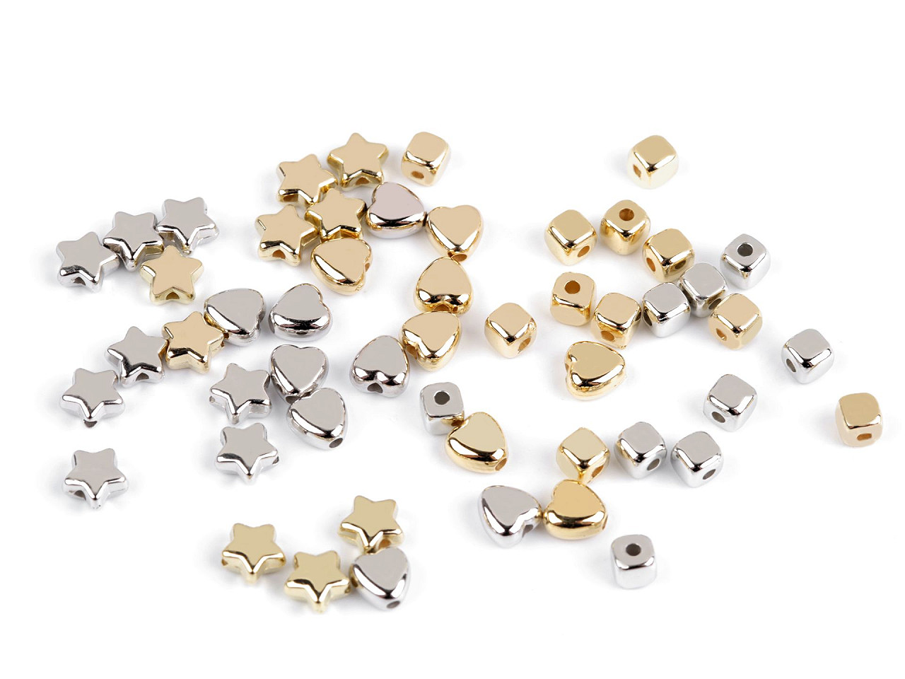 Mărgele de plastic mini steluțe, inimioare, cuburi metalice - Argintiu (10 Grame)