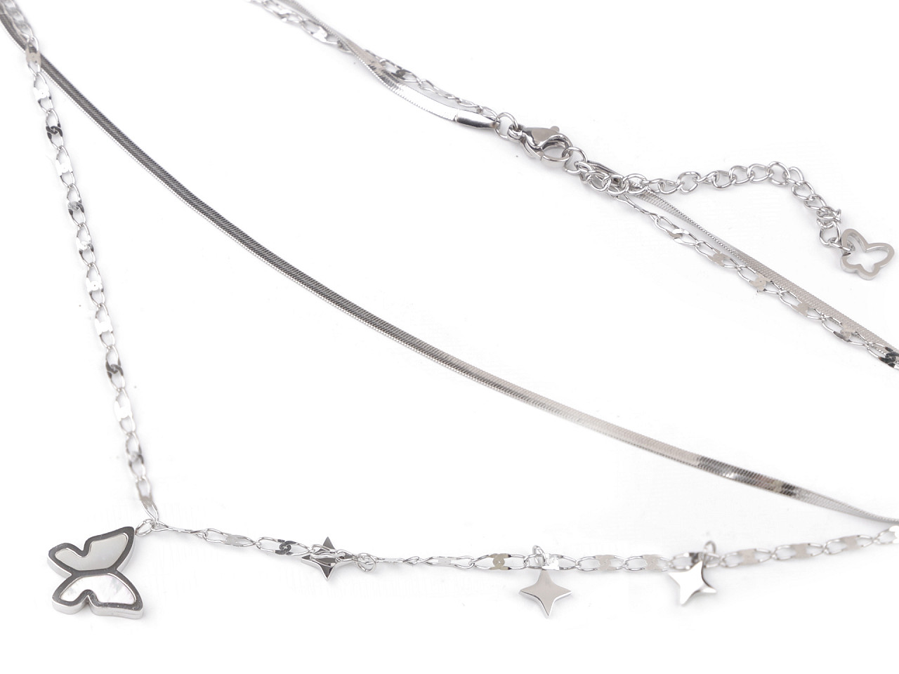 Colier dublu din oțel inoxidabil fluture cu sidef - Argintiu (1 Bucată)