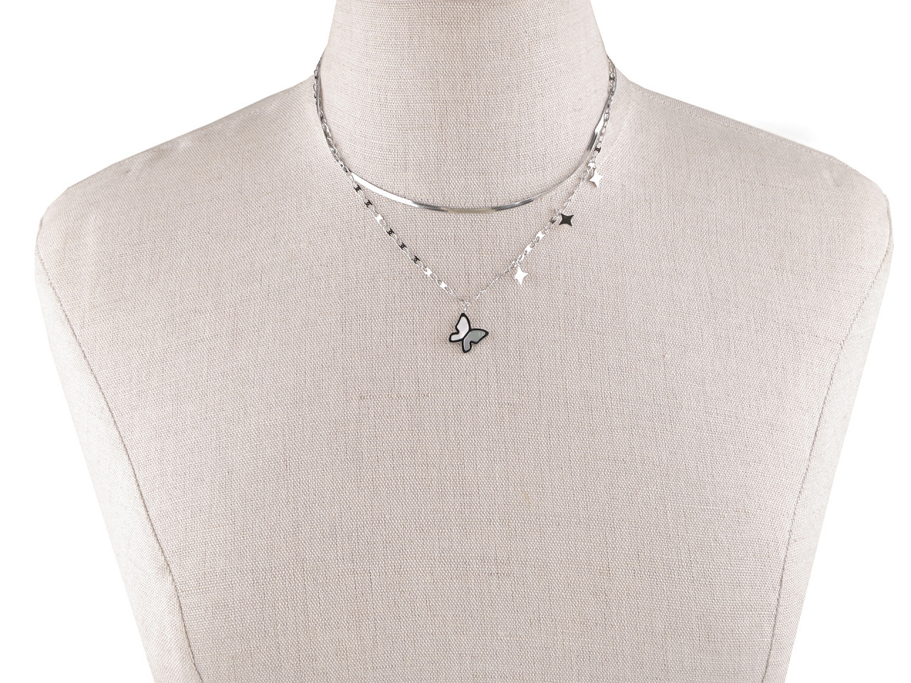 Colier dublu din oțel inoxidabil fluture cu sidef - Argintiu (1 Bucată)