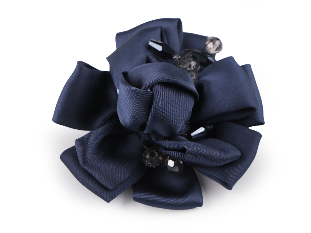 Brosa floare din satin cu strasuri ø7 cm - Albastru închis (6 Bucăți)