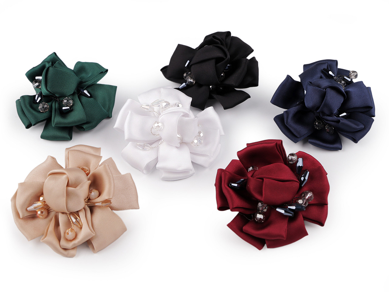 Brosa floare din satin cu strasuri ø7 cm - Albastru închis (6 Bucăți)